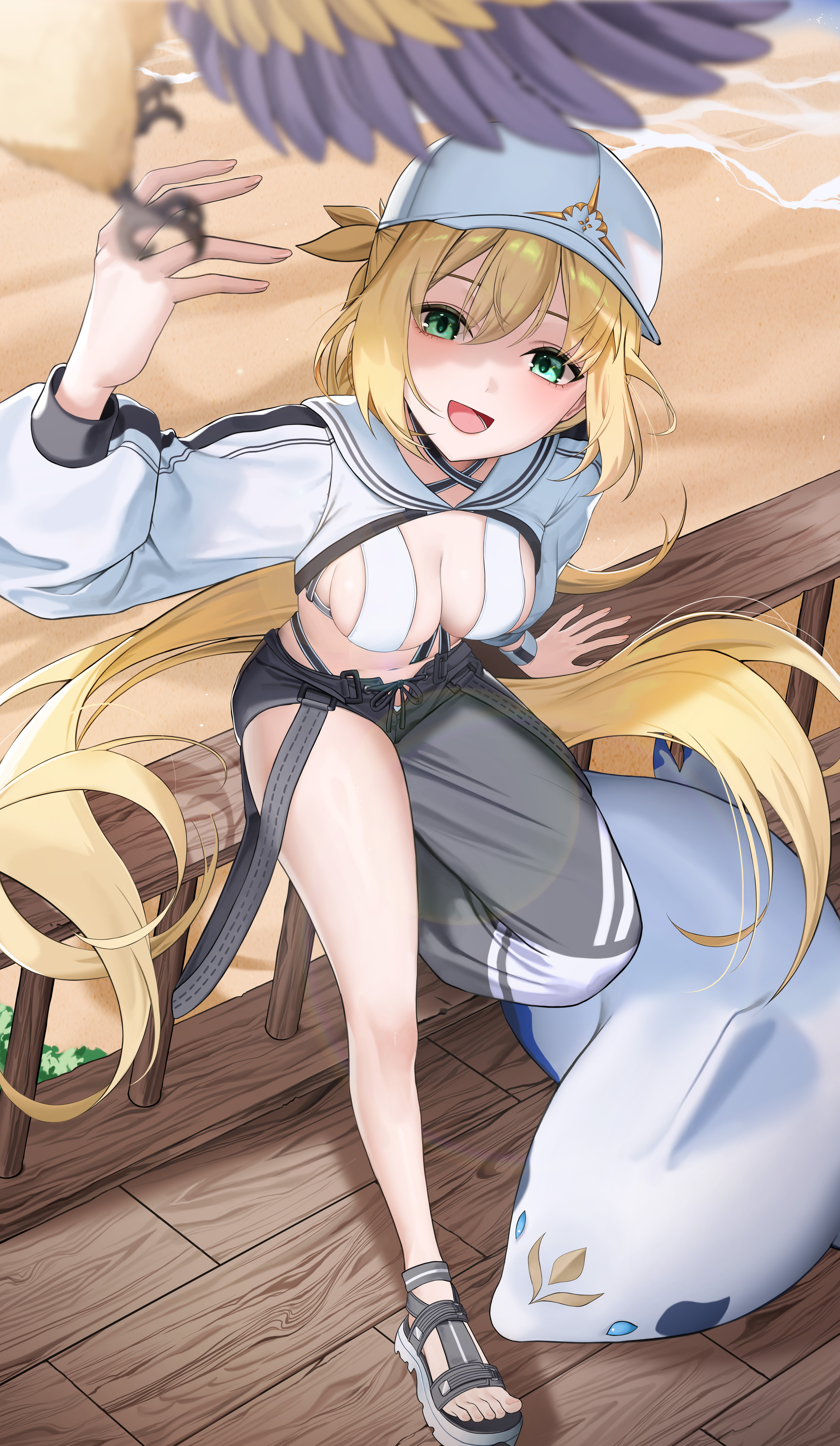 gani1127, artoria caster (fate), artoria caster (swimsuit berserker) (first ascension) (fate), artoria pendragon (fate), fate/grand order, fate (series), absurdres, highres, 1girl, animal, asymmetrical clothes, baseball cap, bikini, bikini top only, bird, black pants, breasts, cleavage, cropped jacket, green eyes, hat, jacket, long hair, looking at viewer, looking up, medium breasts, navel, outdoors, pants, sandals, single pantsleg, stomach, swimsuit, toes, twintails, very long hair, white bikini, white hat, white jacket