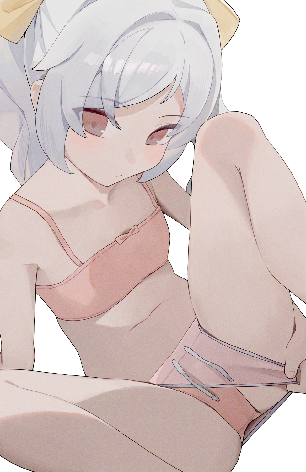 hiroki (yyqw7151), original, commentary, highres, 1girl, blush, bra, closed mouth, collarbone, flat chest, grey hair, hair ribbon, looking at viewer, navel, panties, panties under shorts, pink bra, pink eyes, pink panties, pink shorts, ribbon, shorts, simple background, solo, underwear, white background, yellow ribbon