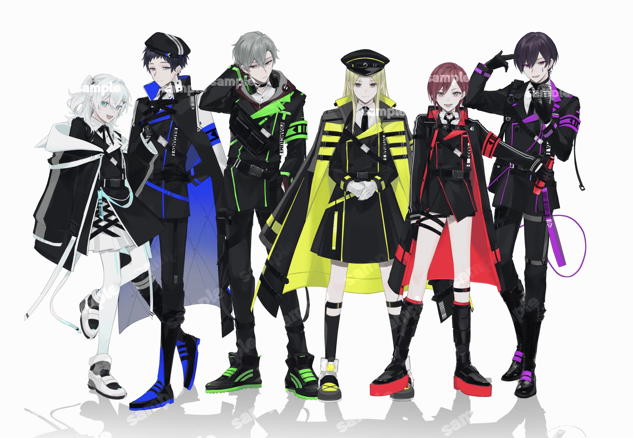 kaguya13 ils, highres, official art, 3boys, 3girls, :d, aqua eyes, aqua pantyhose, aqua ribbon, arm at side, armband, badge, belt, belt boots, belt buckle, belt pouch, beret, black belt, black boots, black cape, black choker, black coat, black dress, black gloves, black hair, black hat, black jacket, black necktie, black pants, black ribbon, black shoes, black shorts, black socks, blonde hair, blue armband, blue belt, blue cape, blue shoes, boots, brown eyes, buckle, button badge, buttons, cable, cape, choker, coat, coat dress, coat on shoulders, collared coat, collared shirt, colored lapels, colored shoe soles, cross-laced clothes, cross-laced dress, crossed bangs, cyber troupe, double-breasted, dress, earrings, expressionless, fang, fanny pack, finger gun, finger gun to head, full body, gloves, gradient legwear, gradient pantyhose, green armband, green jacket, green shoes, grey eyes, grey hair, hair between eyes, hair intakes, half gloves, hand in pocket, hand on own hip, hand on own neck, hand up, hat, headphones, headphones around neck, holding, holding microphone, hood, hood down, hooded jacket, jacket, jewelry, jitome, knee boots, lapels, legs apart, legwear garter, light smile, lineup, long hair, long sleeves, looking at viewer, medium hair, microphone, military hat, mullet, multicolored jacket, multicolored shoes, multiple boys, multiple girls, neck ribbon, necktie, one side up, open clothes, open collar, open jacket, open mouth, outstretched arm, own hands together, pants, pantyhose, parted bangs, parted lips, peaked cap, pinching sleeves, platform boots, pouch, purple armband, purple belt, purple eyes, purple hair, red armband, red coat, red hair, reflective floor, ribbon, sam browne belt, sample watermark, shirt, shoes, short bangs, short hair, short shorts, shorts, sideways glance, simple background, single earring, skirt, sleeves past fingers, sleeves past wrists, smile, socks, standing, standing on one leg, straight hair, sweater guard, swept bangs, tareme, teardrop facial mark, thigh strap, tilted headwear, two-sided coat, two-sided fabric, two-tone jacket, two-tone shoes, umbrella earrings, utaite, v-shaped eyebrows, v arms, vintage microphone, walkie-talkie, watermark, white background, white gloves, white hair, white pantyhose, white ribbon, white shirt, white shoes, white skirt, yellow belt, yellow coat, yellow shoes