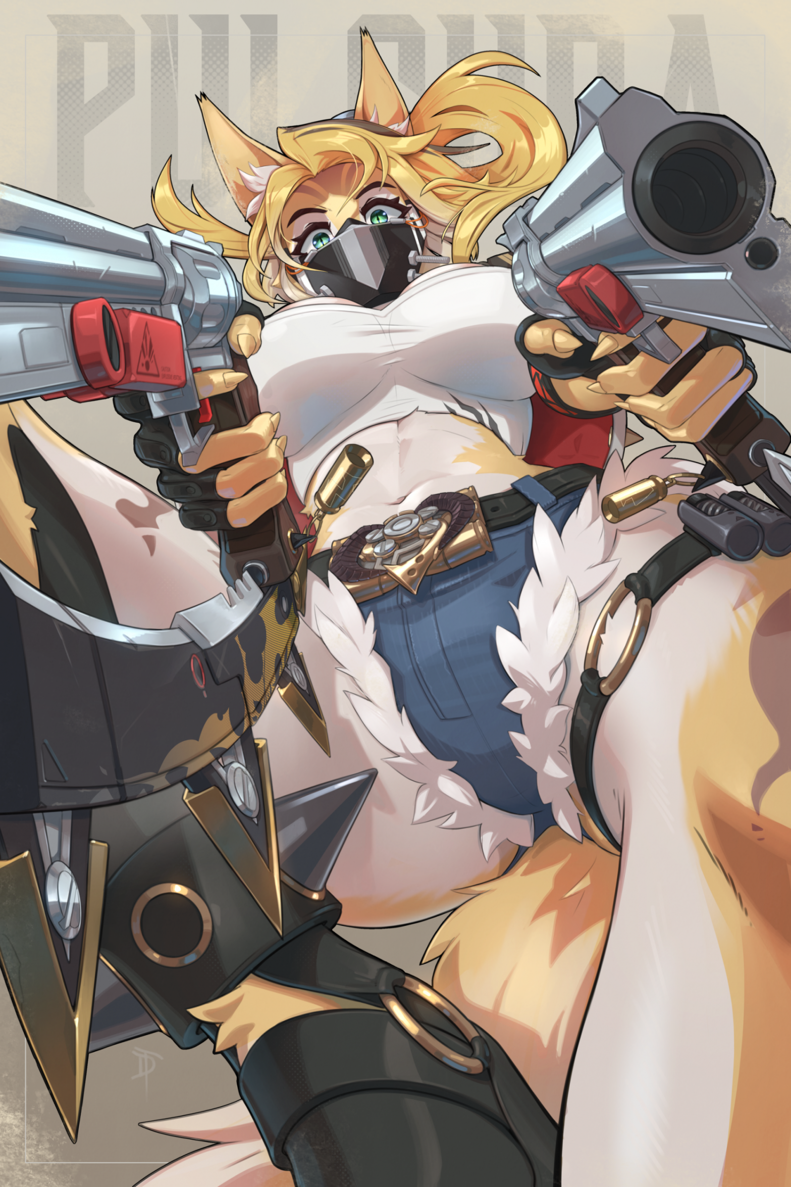 dan syron, pulchra fellini, zenless zone zero, highres, 1girl, animal ears, black gloves, black mask, black shoes, blonde hair, blue shorts, body fur, breasts, cat ears, cat girl, cat tail, character name, fingerless gloves, gloves, green eyes, gun, holding, holding gun, holding weapon, large breasts, long hair, looking at viewer, navel, o-ring, o-ring thigh strap, parted bangs, ponytail, shoes, shorts, solo, tail, thigh strap, weapon, yellow fur