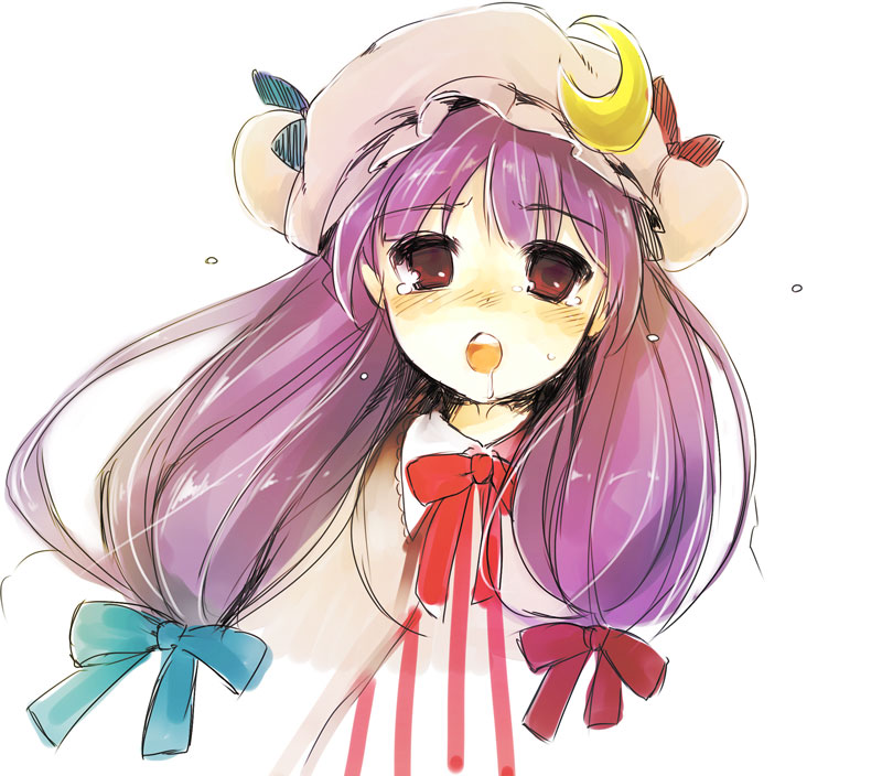 usa (artist), usaki (ama), patchouli knowledge, touhou, 1girl, blush, crescent, crescent hat ornament, female focus, hat, hat ornament, long hair, open mouth, purple hair, saliva, simple background, sketch, solo, upper body