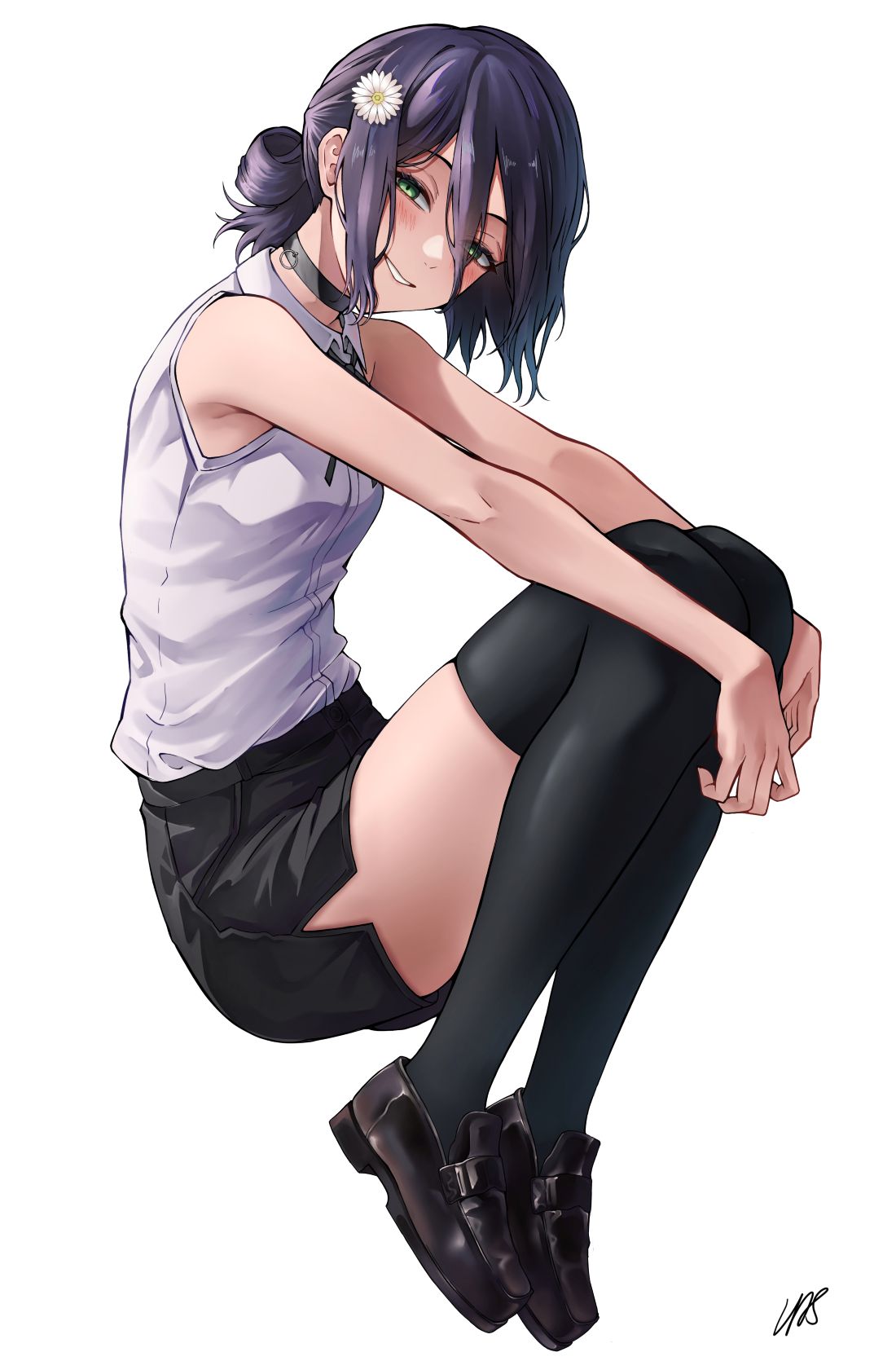 lds (dstwins97), reze (chainsaw man), chainsaw man, commentary request, highres, partial commentary, 1girl, armpits, black choker, black hair, black ribbon, black shoes, black shorts, black thighhighs, blush, breasts, choker, full body, green eyes, grenade pin, hair between eyes, legs folded, loafers, long hair between eyes, looking at viewer, looking to the side, neck ribbon, ribbon, shirt, shoes, shorts, side slit, side slit shorts, signature, simple background, sleeveless, sleeveless shirt, small breasts, smile, solo, thighhighs, white background, white shirt