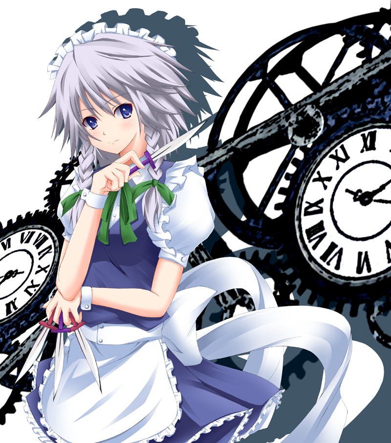 yuurakudou kurono, izayoi sakuya, touhou, silver hair, bad id, bad pixiv id, 1girl, between fingers, blue eyes, blush, clock, female focus, gears, hairband, holding, knife, maid, ribbon, short hair, solo, throwing knife, weapon