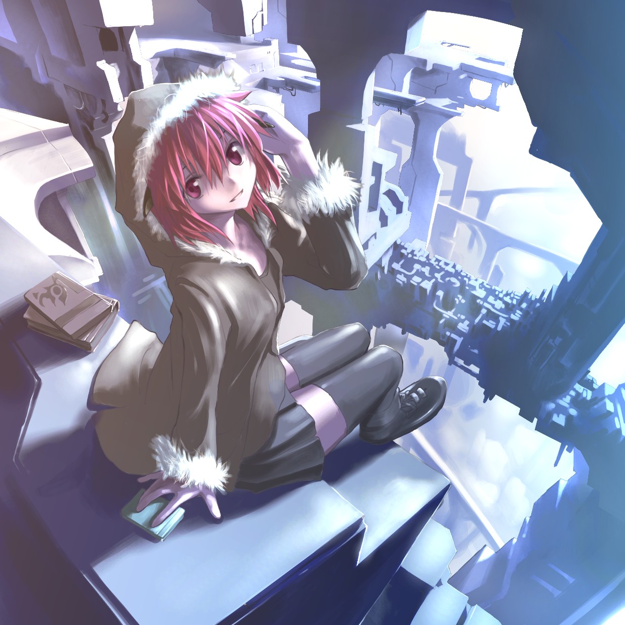 ssi, original, highres, hood, horns, red eyes, red hair, short hair, sitting, skirt, smile, solo, thighhighs, zettai ryouiki