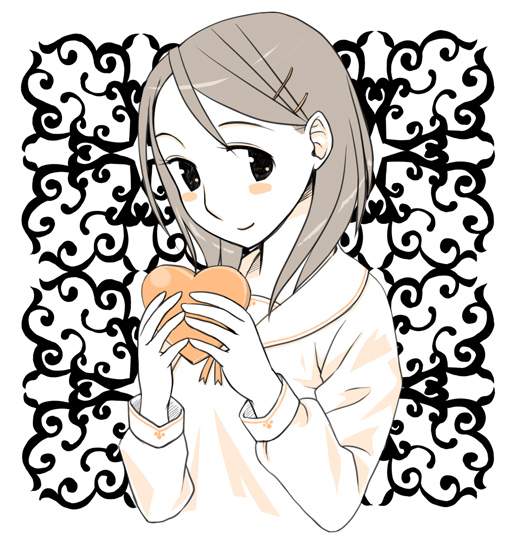 gk, bad id, bad pixiv id, black eyes, blush, brown hair, heart, portrait, short hair, smile, solo, valentine