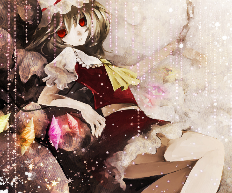 duca, flandre scarlet, touhou, 1girl, blouse, collared shirt, female focus, flat chest, from side, hair between eyes, hat, legs, shirt, short hair, solo, white hat, white shirt, wings