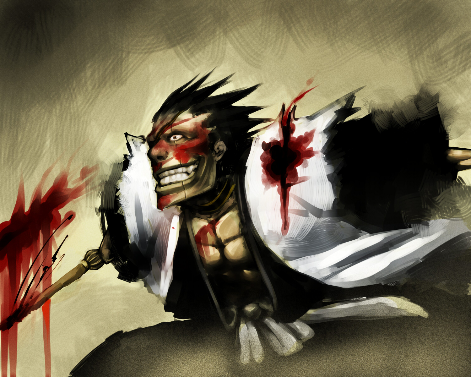 zaraki kenpachi, bleach, artist request, highres, 00s, 1boy, black hair, blood, eyepatch, grin, haori, japanese clothes, male focus, scar, scar across eye, scar on face, scar on mouth, smile, solo, sword, taichou haori, weapon