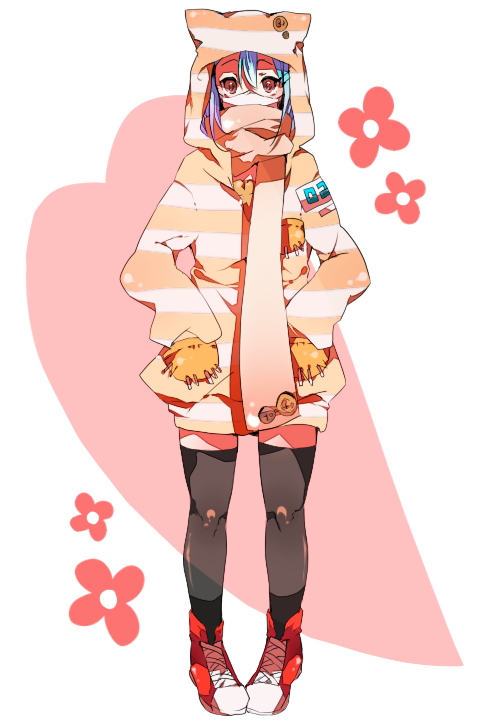 ren (zero second), original, bad id, bad pixiv id, animal hood, blue hair, brown eyes, cat hood, hood, scarf, solo, thighhighs
