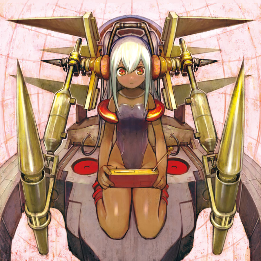 kodama yuuki, silver hair, 1girl, dark-skinned female, dark skin, female focus, flat chest, kneeling, long hair, mecha, red eyes, robot, solo