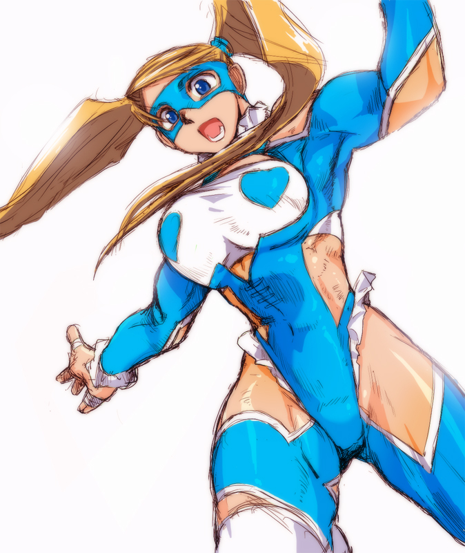 ez6, rainbow mika, capcom, street fighter, street fighter zero (series), 1990s (style), 1girl, blonde hair, blue eyes, female focus, heart, leotard, mask, muscular, muscular female, open mouth, outstretched arms, retro artstyle, simple background, solo, spread arms, toned, twintails