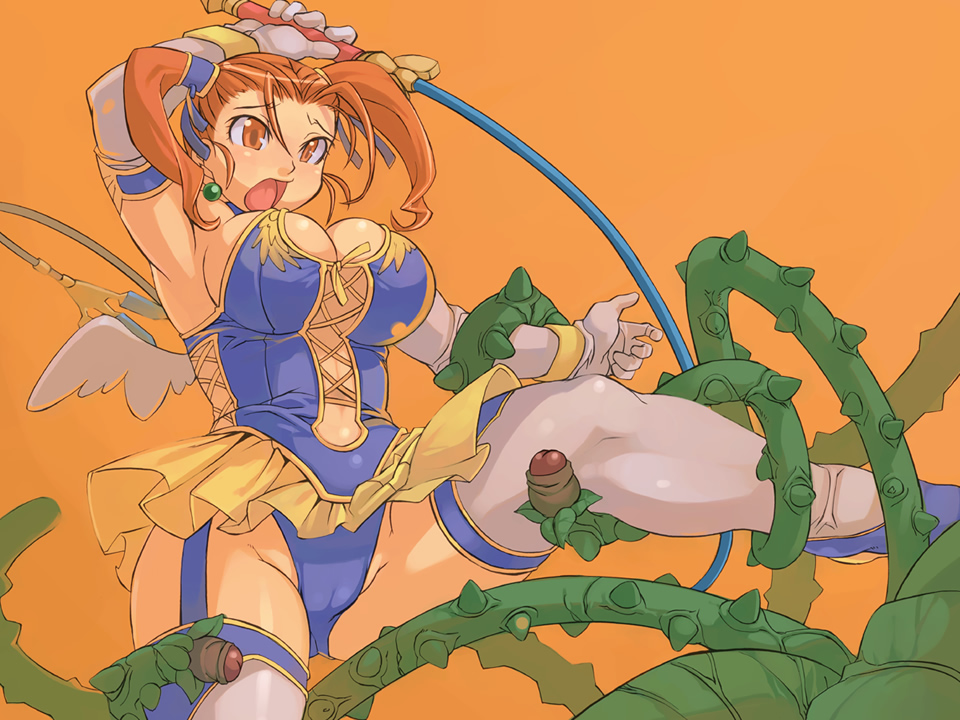 kawacchi hirohiro, jessica albert, dragon quest, dragon quest viii, square enix, 1girl, alternate costume, breasts, cameltoe, cleavage, divine bustier (dq), elbow gloves, female focus, garter straps, gloves, imminent rape, large breasts, leotard, matching hair/eyes, open mouth, orange eyes, orange hair, phallic symbol, plant, solo, tentacles, thighhighs, thorns, twintails, vines, whip, you gonna get raped