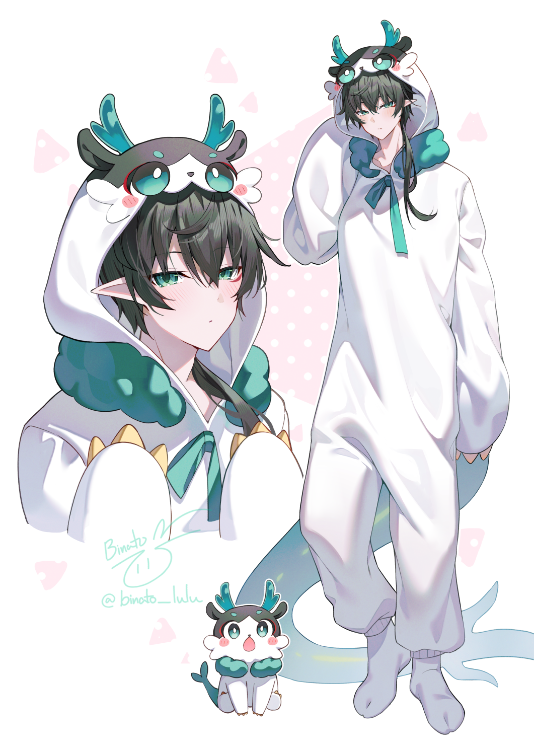 binato lulu, dan heng (honkai: star rail), honkai: star rail, honkai (series), character request, commentary, english commentary, highres, 1boy, black hair, cosplay, green eyes, hood, hood up, horns, kigurumi, long hair, long sleeves, male focus, pointy ears