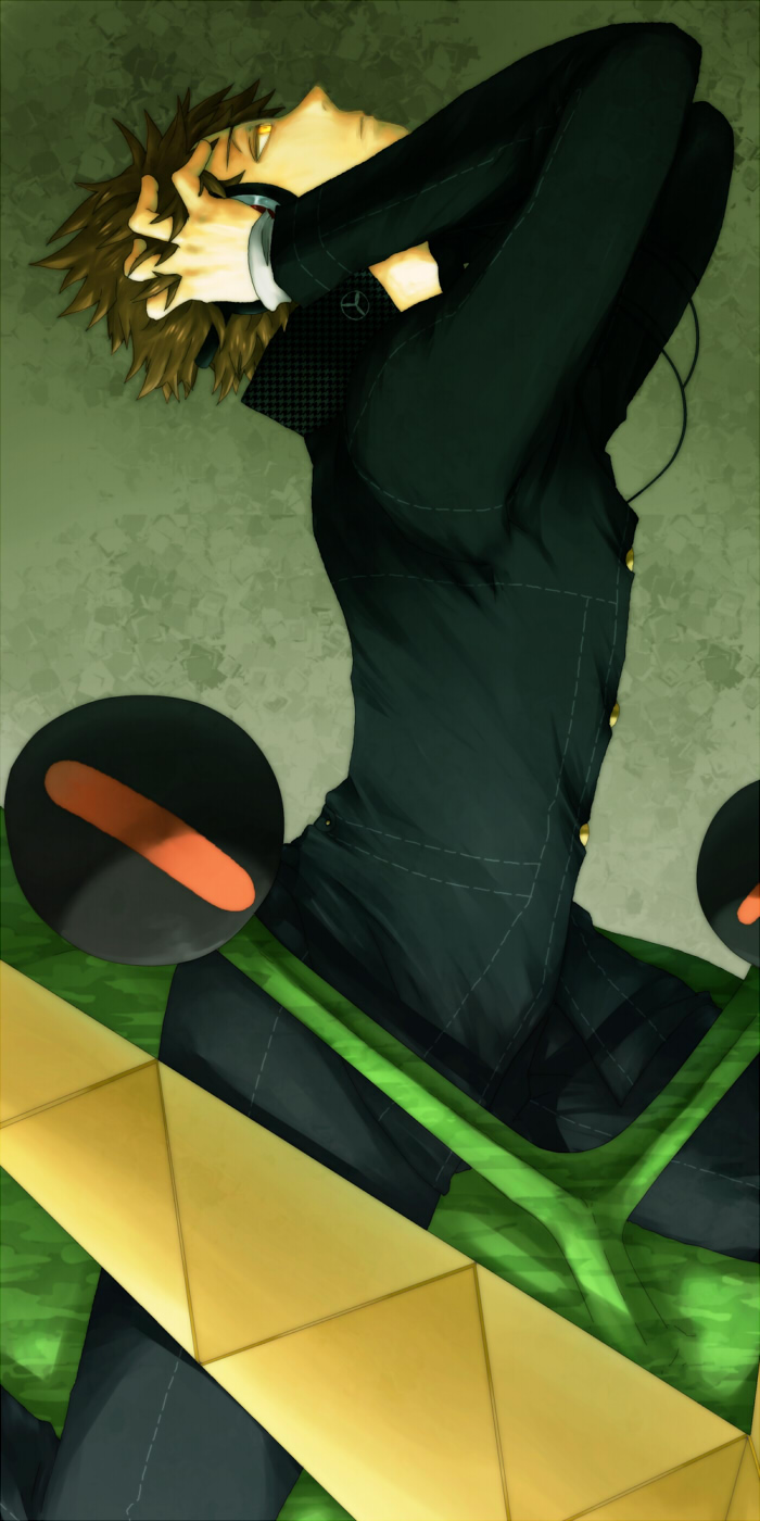 hanamura yousuke, shadow yousuke, atlus, persona, persona 4, highres, 1boy, brown hair, dark persona, gradient background, headphones, male focus, school uniform, short hair, solo, yellow eyes