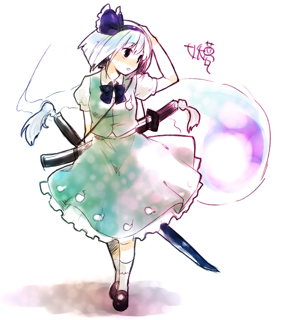 usa (artist), usaki (ama), konpaku youmu, konpaku youmu (ghost), touhou, silver hair, 1girl, bow, bowtie, female focus, hairband, hand on own head, katana, solo, standing, sword, weapon