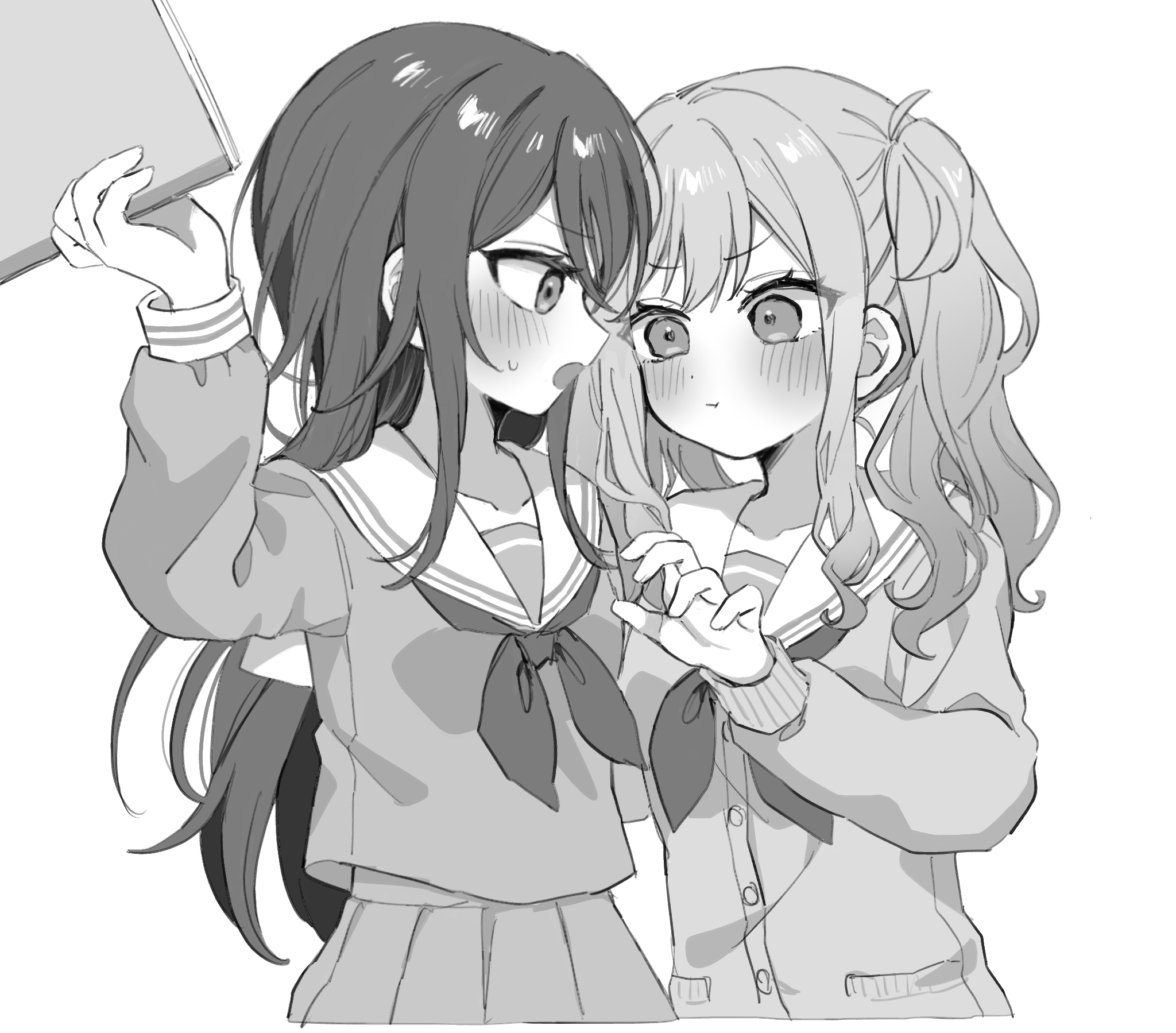 mu ri003, hoshino ichika (project sekai), tenma saki, project sekai, commentary, highres, 2girls, :t, blush, book, greyscale, holding, holding book, long hair, long sleeves, looking at another, miyamasuzaka girls' academy school uniform, monochrome, multiple girls, neckerchief, pleated skirt, pout, sailor collar, school uniform, serafuku, simple background, skirt, sweatdrop, twintails, white background