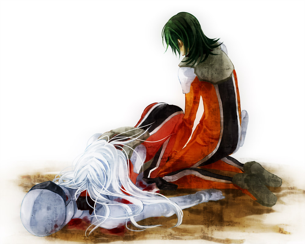 kamu, kamu (camui), allelujah haptism, marie parfacy, sergei smirnov, soma peries, gundam, gundam 00, bad id, bad pixiv id, spoilers, 00s, 1girl, 2boys, bad end, blood, death, guro, multiple boys