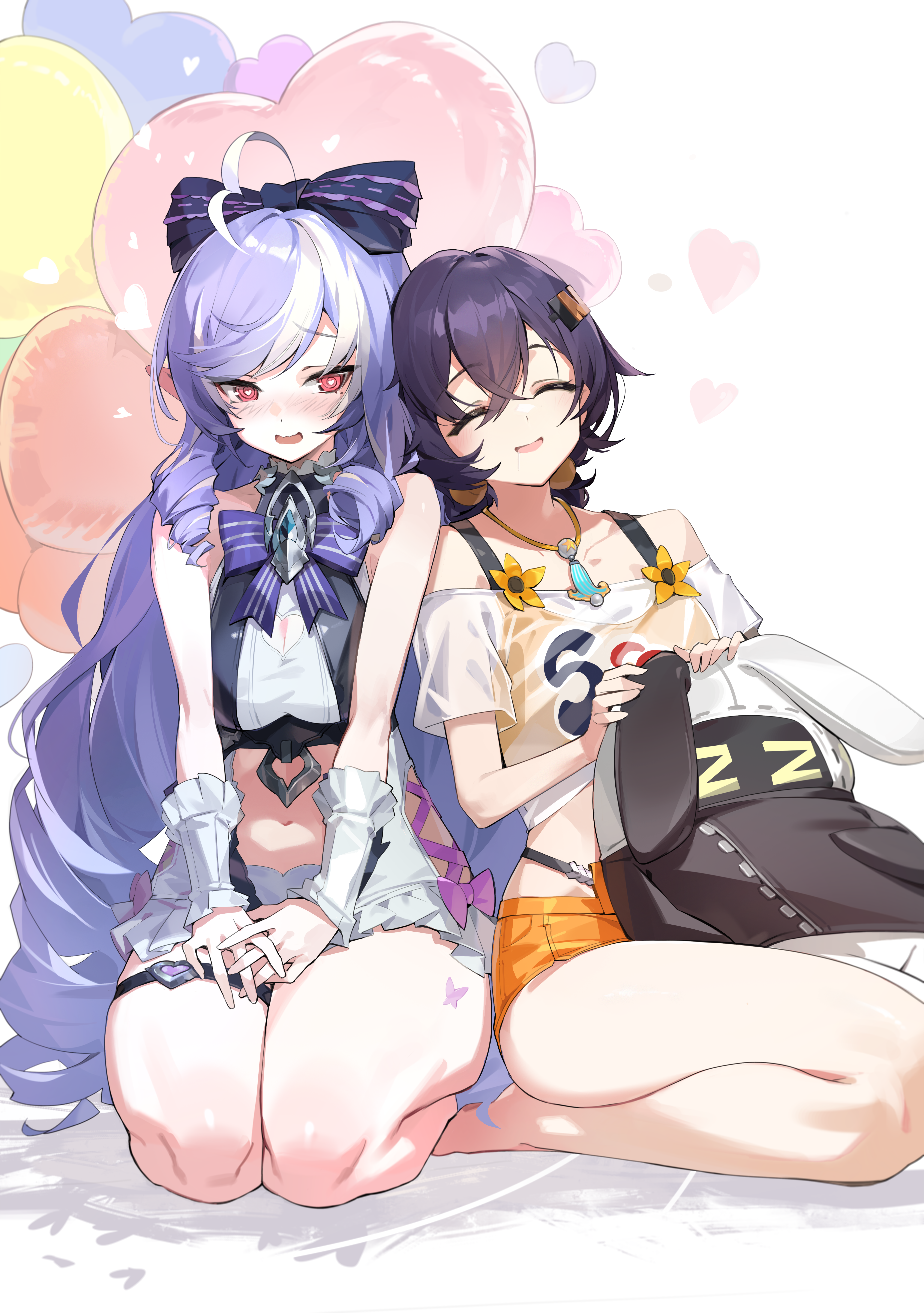 goomrrat, belle (summer skies) (zenless zone zero), belle (zenless zone zero), vivian banshee, vivian banshee (iris of the shore), zenless zone zero, absurdres, highres, 2girls, @ @, ahoge, balloon, bare shoulders, blush, closed eyes, drill hair, drill sidelocks, facing viewer, hair ornament, heart, heart-shaped pupils, heart balloon, heart o-ring, letter hair ornament, multicolored hair, multiple girls, o-ring, o-ring thigh strap, official alternate costume, official alternate hairstyle, one-piece swimsuit, orange shorts, parted lips, purple hair, red eyes, seiza, short hair, shorts, sidelocks, simple background, sitting, streaked hair, swimsuit, symbol-shaped pupils, thigh strap, twin drills, white background, white hair