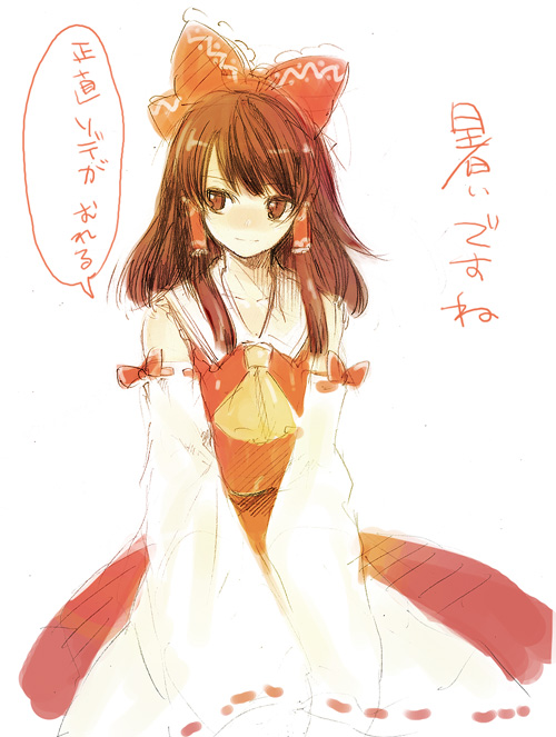 usa (artist), usaki (ama), hakurei reimu, touhou, translated, 1girl, bow, brown eyes, brown hair, detached sleeves, female focus, hair bow, japanese clothes, long hair, miko, sitting, sketch, smile, solo, wide sleeves