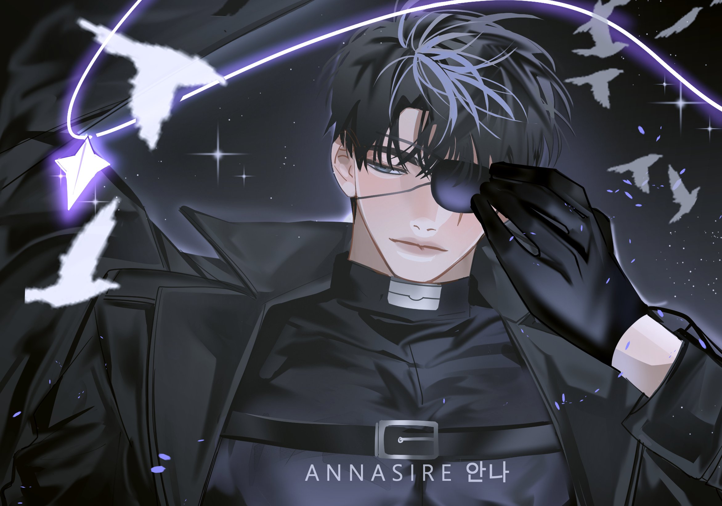 secretive plotter, omniscient reader's viewpoint, highres, 1boy, adjusting eyepatch, annasire, arm up, bird, black coat, black eyes, black gloves, black hair, black shirt, coat, crew neck, dove, eyepatch, falling petals, gloves, jewelry, male focus, night, night sky, one eye covered, pectoral cleavage, pectorals, pendant, petals, scar, scar across eye, scar on face, shirt, short hair, sky, solo, sparkle, upper body