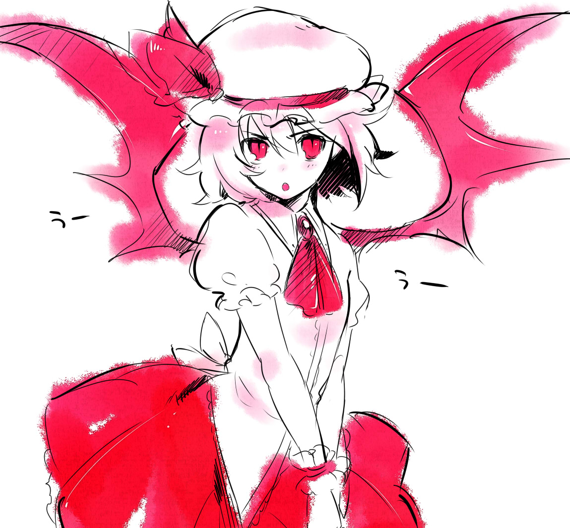 usa (artist), usaki (ama), remilia scarlet, touhou, 1girl, bat wings, female focus, hat, looking at viewer, monochrome, red eyes, red theme, short hair, sketch, slit pupils, solo, v arms, wings, wrist cuffs