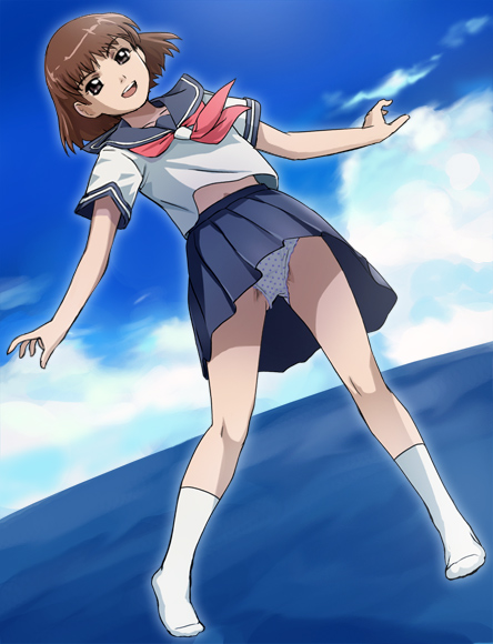 haruyama kazunori, wakatake mari, blue drop, 00s, brown hair, happy, midair, ocean, panties, pantyshot, polka dot, polka dot panties, school uniform, serafuku, short hair, skirt, socks, solo, underwear