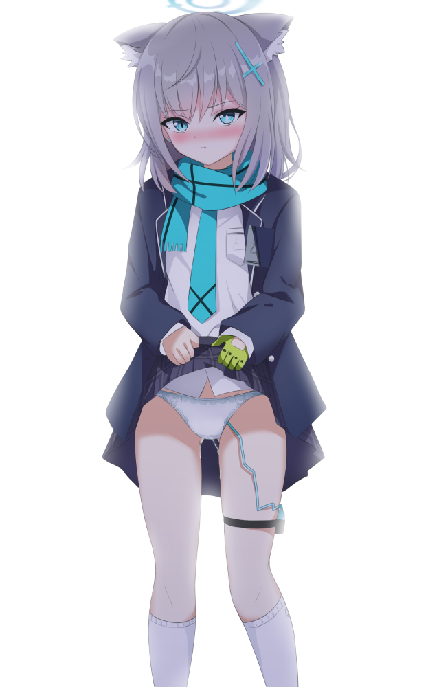 kaze (kaze kaza), shiroko (blue archive), blue archive, 1girl, animal ears, blue eyes, blue necktie, blue scarf, blush, closed mouth, clothes lift, embarrassed, gloves, grey hair, hair ornament, halo, jacket, kneehighs, lifting own clothes, long sleeves, looking at viewer, necktie, nose blush, open clothes, open jacket, panties, scarf, school uniform, sex toy, shirt, simple background, skirt, skirt lift, socks, solo, standing, underwear, vibrator, vibrator cord, vibrator under clothes, white background, white panties, white shirt, white socks, wolf ears