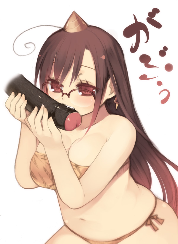 kashiwamochi yomogi, arima senne, original, 1girl, ahoge, animal print, bikini, biting, biting penis, blush, breasts, brown eyes, brown hair, cleavage, cockbite, dark penis, foreskin, glasses, horns, interracial, large breasts, long hair, oni, penis, penis on face, plump, setsubun, single horn, solo focus, swimsuit, tiger print, uncensored