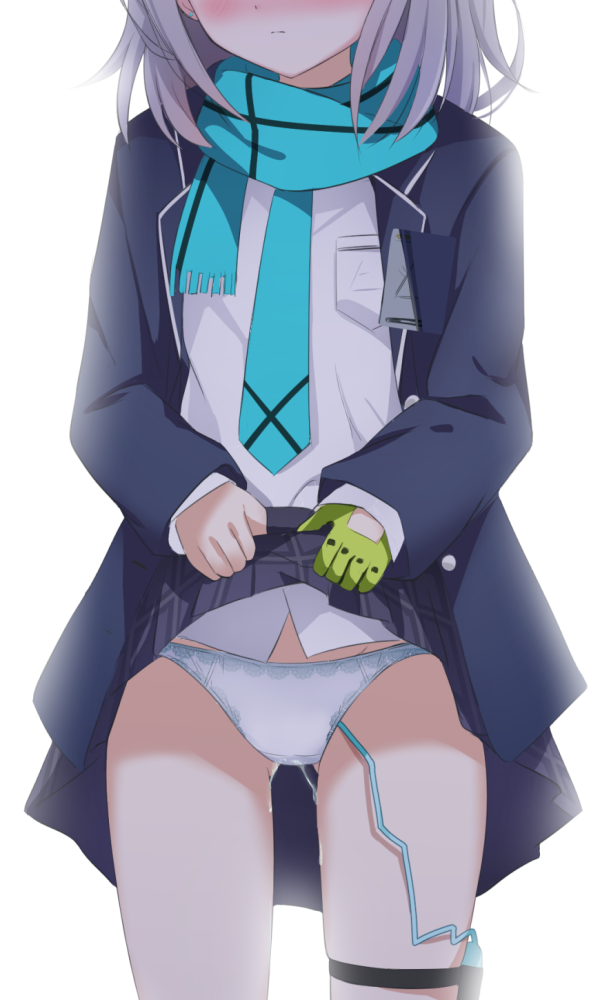 kaze (kaze kaza), shiroko (blue archive), blue archive, 1girl, blue scarf, blush, clothes lift, gloves, green gloves, grey hair, head out of frame, jacket, lifting own clothes, long sleeves, necktie, open clothes, open jacket, panties, scarf, school uniform, sex toy, shirt, simple background, single glove, skirt, skirt lift, solo, thigh strap, underwear, vibrator, vibrator cord, vibrator under clothes, white background, white panties, white shirt