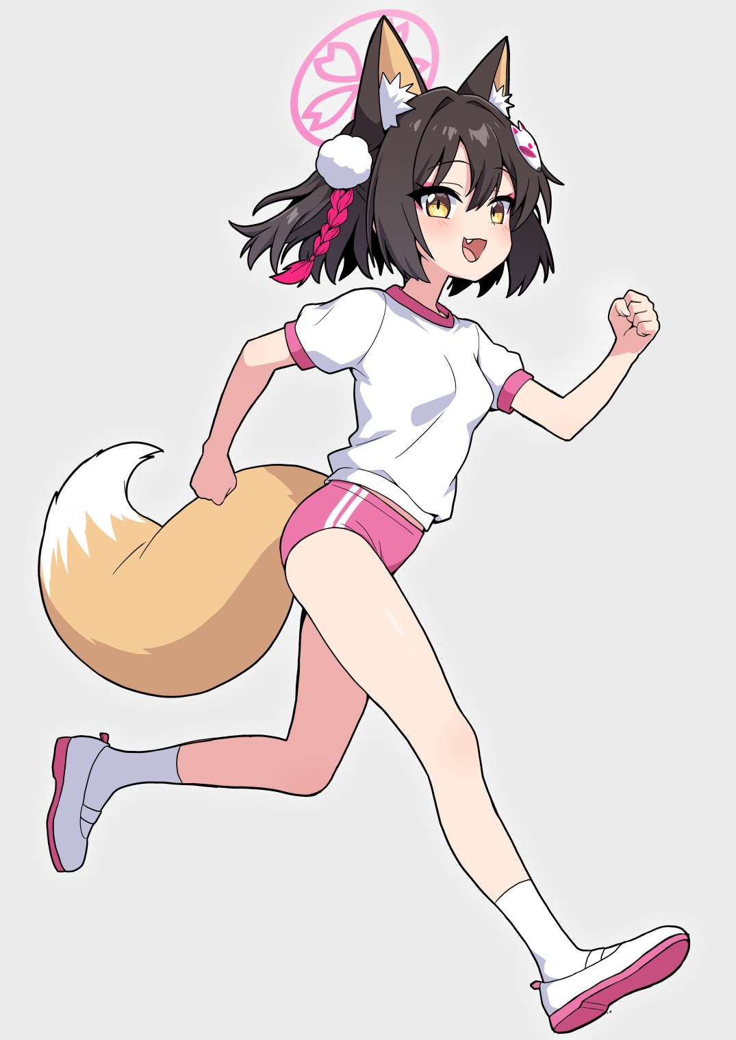 fukamiki kei, izuna (blue archive), blue archive, highres, 1girl, animal ear fluff, animal ears, buruma, fang, fox ears, fox girl, fox tail, gym uniform, halo, pink halo, shirt, shoes, simple background, solo, tail, white shirt, yellow eyes