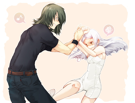 kusa chuu, hallelujah haptism, soma peries, gundam, gundam 00, beige background, 00s, 1boy, 1girl, armpits, bare shoulders, belt, dress, fighting, from behind, green hair, musical note, pants, shirt, simple background, standing, white dress, white hair, yellow background