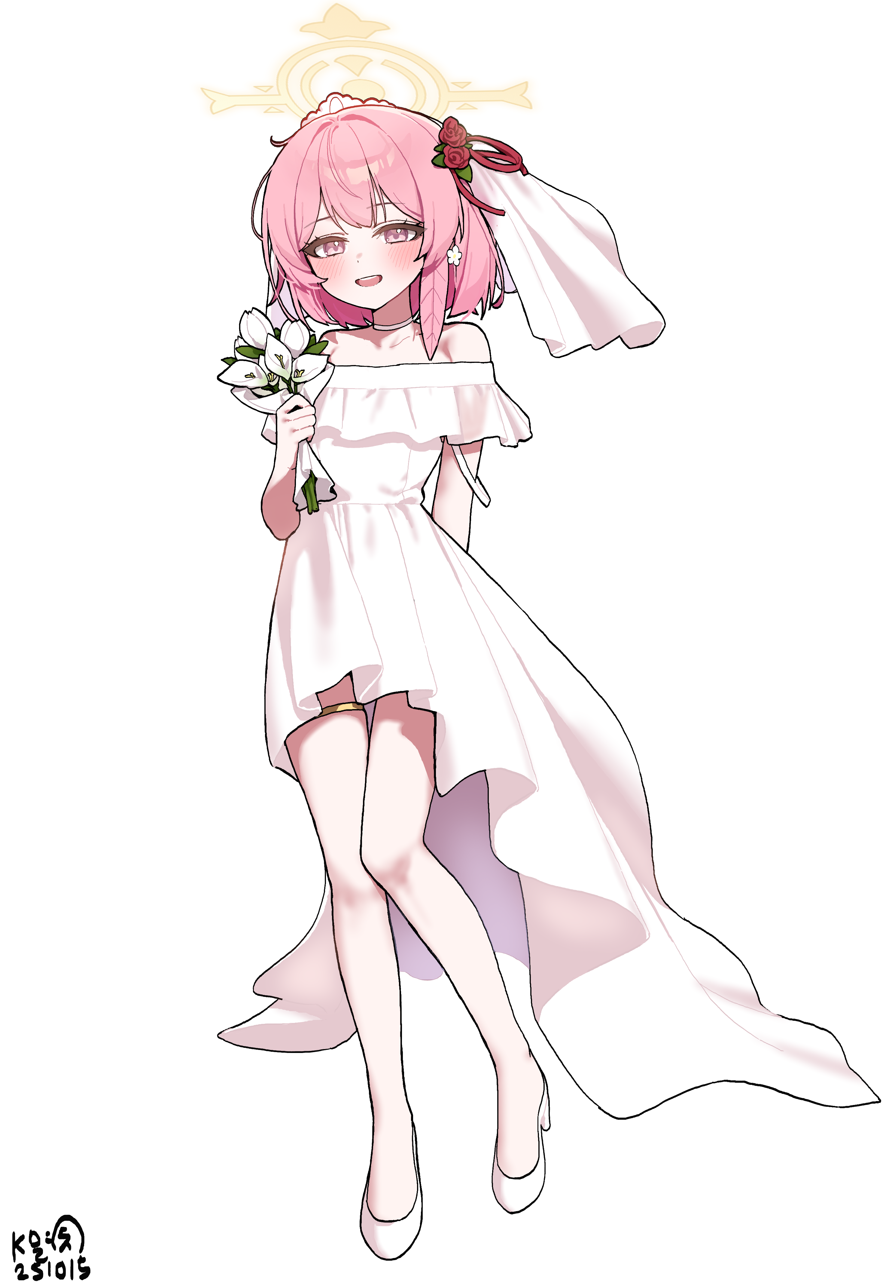 myeolchi, serina (blue archive), blue archive, absurdres, highres, 1girl, alternate costume, bouquet, breasts, choker, dress, feather hair, flower, full body, halo, high heels, holding, holding bouquet, looking at viewer, one side up, open mouth, pink eyes, pink hair, small breasts, smile, solo, standing, veil, white choker, white dress, white flower, yellow halo