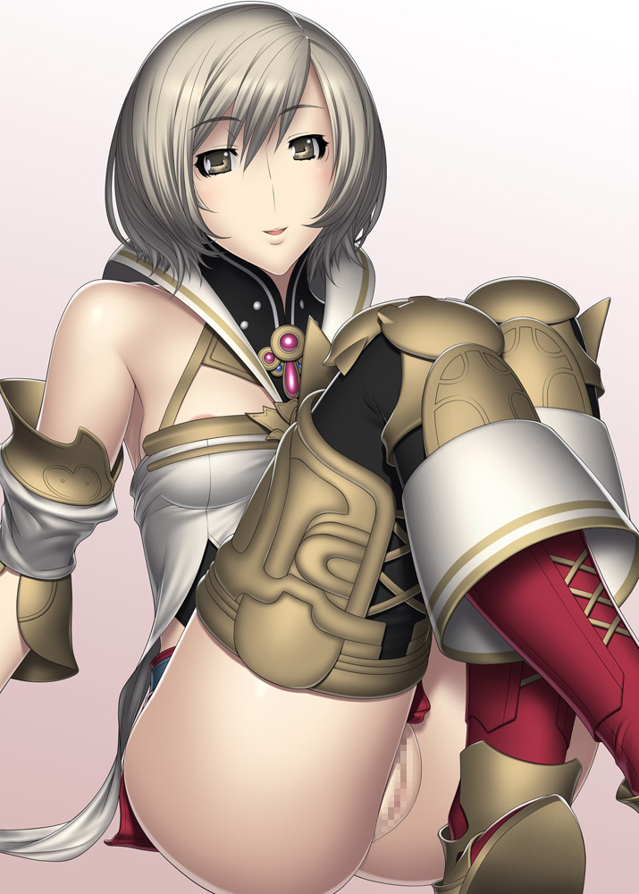 kansuke, ashelia b'nargin dalmasca, final fantasy, final fantasy xii, 00s, 1girl, bare shoulders, brown eyes, brown hair, censored, female focus, pussy, short hair, sitting, solo, thighhighs