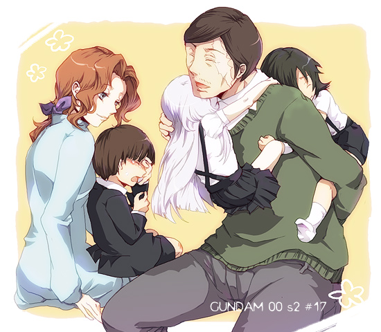 kusa chuu, allelujah haptism, andrei smirnov, holly smirnov, marie parfacy, sergei smirnov, soma peries, gundam, gundam 00, 00s, 2girls, 3boys, brown hair, child, closed eyes, family, hug, long hair, long sleeves, multiple boys, multiple girls, orange hair, pants, piggyback, short sleeves, sitting, tears