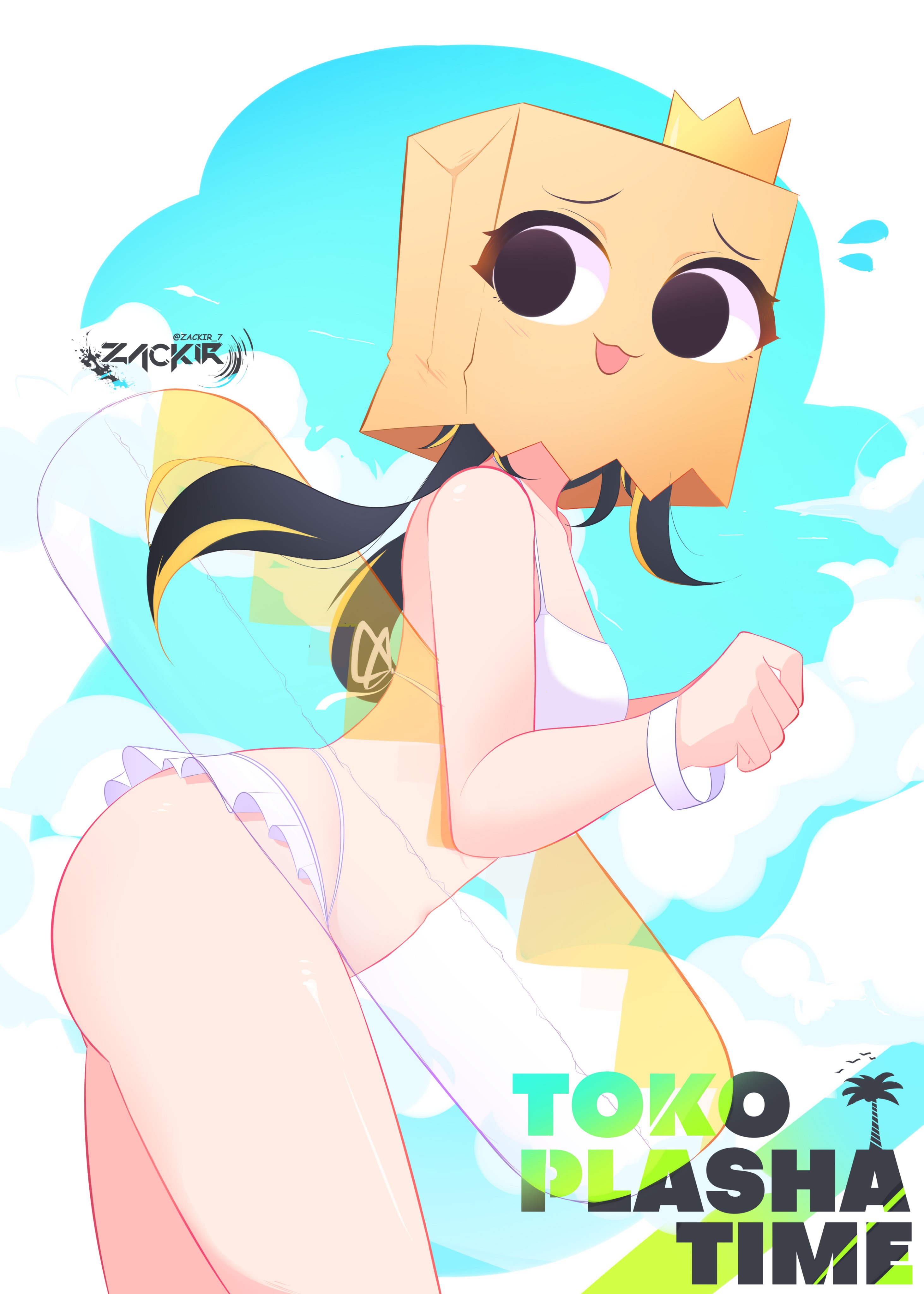 zahir zb7, indie virtual youtuber, absurdres, check translation, commentary, highres, translation request, 1girl, :3, alternate costume, artist logo, averting eyes, bag, bag over head, bikini, black hair, blonde hair, blue sky, breasts, character name, cloud, cloudy sky, covered face, cowboy shot, crown, flying sweatdrops, frilled bikini, frills, from side, frown, hands up, innertube, leaning forward, logo, long hair, looking to the side, low twintails, mini crown, multicolored hair, paper bag, sky, small breasts, solo, spanish commentary, spanish text, streaked hair, swim ring, swimsuit, thighs, toko (vtuber), transparent innertube, twintails, twitter username, virtual youtuber, w arms, white bikini, wristband