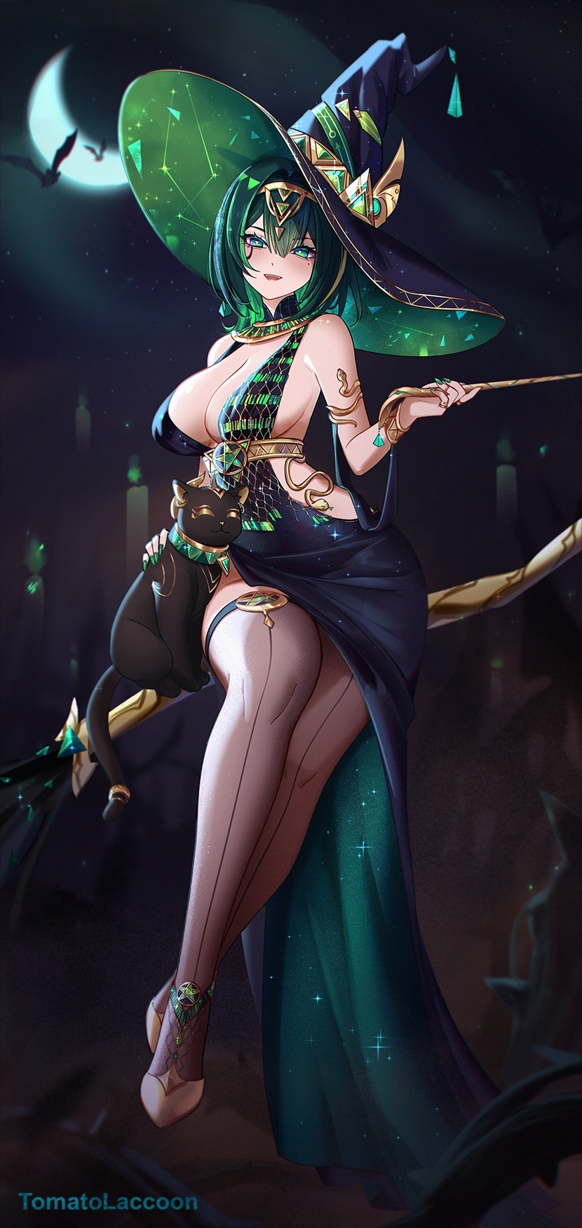 tomatolaccoon, nefer (genshin impact), genshin impact, commentary, english commentary, highres, paid reward available, 1girl, alternate costume, bare shoulders, black cat, black dress, black hat, black thighhighs, breasts, cat, cleavage, crescent moon, dress, full body, green eyes, green hair, hair between eyes, hand up, hat, holding, holding wand, large breasts, looking at viewer, mole, mole under eye, moon, night, outdoors, parted lips, sideboob, sitting, sleeveless, sleeveless dress, solo, symbol-shaped pupils, teeth, thighhighs, triangle-shaped pupils, upper teeth only, wand, witch hat