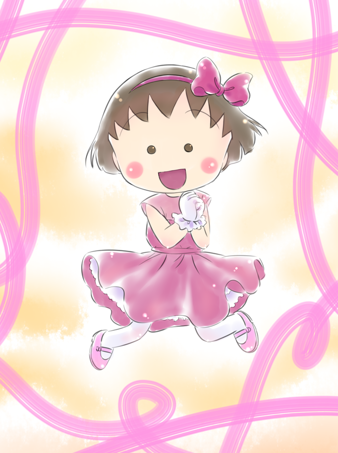 yamanokonza, sakura momoko, chibi maruko-chan, 1girl, blush, bow, brown eyes, brown hair, dress, gloves, hair bow, hairband, idol, jumping, looking at viewer, mary janes, open mouth, own hands together, pantyhose, pink bow, pink dress, pink ribbon, pink shoes, ribbon, shoes, short hair, sleeveless, sleeveless dress, smile, white gloves, white pantyhose, yellow background
