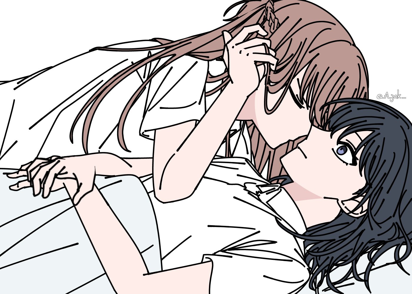 a jak, miyagi shiori, sendai hazuki, shuuniichido classmate wo kau hanashi, 2girls, black hair, blue eyes, brown hair, closed eyes, closed mouth, collared shirt, imminent kiss, long hair, medium hair, multiple girls, shirt, under covers, white shirt, yuri