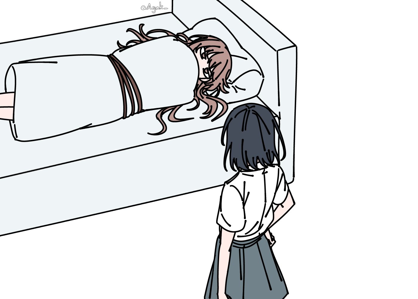 a jak, miyagi shiori, sendai hazuki, shuuniichido classmate wo kau hanashi, 2girls, black hair, bound, brown eyes, brown hair, grey skirt, medium hair, multiple girls, on bed, pillow, pleated skirt, school uniform, shirt, skirt, tied up (nonsexual), twitter username, white shirt, wrapped in blanket
