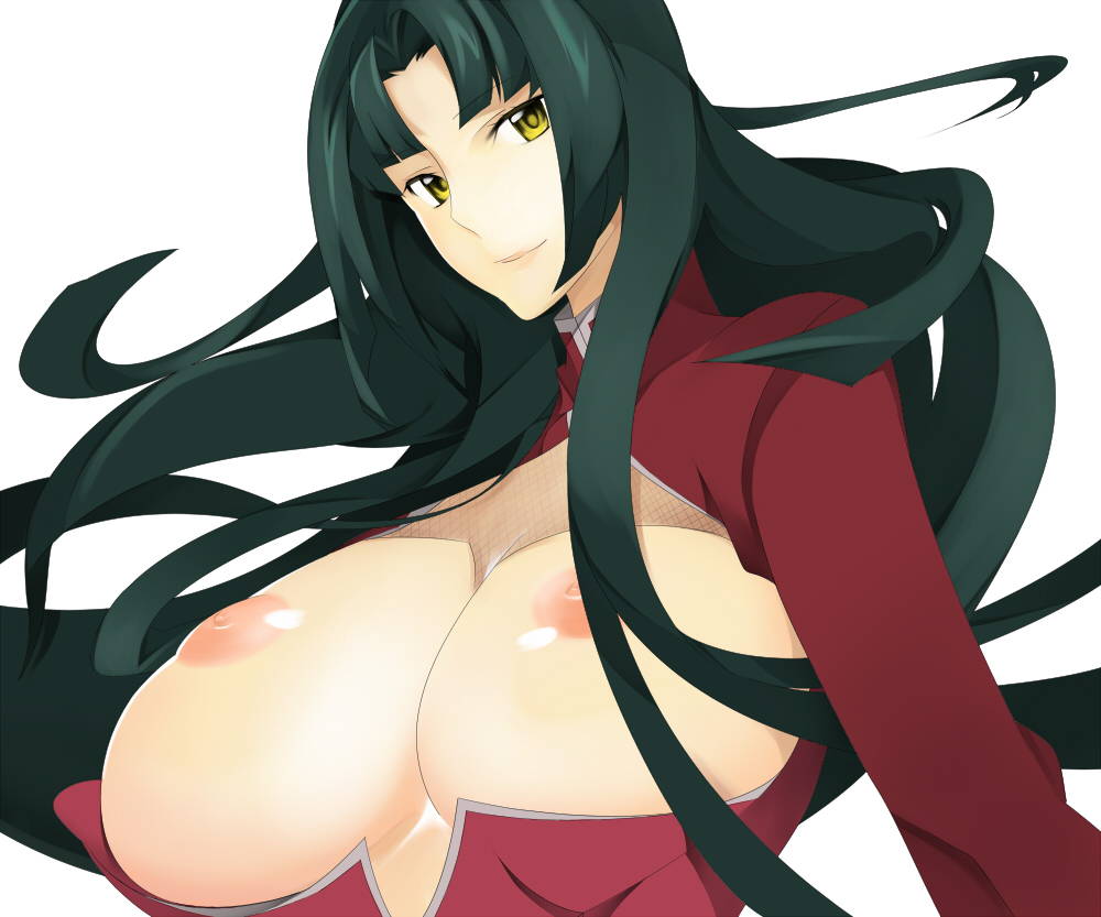 nanao (mahaya), wang liu mei, gundam, gundam 00, bad id, bad pixiv id, 00s, 1girl, breasts, female focus, framed breasts, green hair, huge breasts, nipples, smile, solo, upper body, yellow eyes
