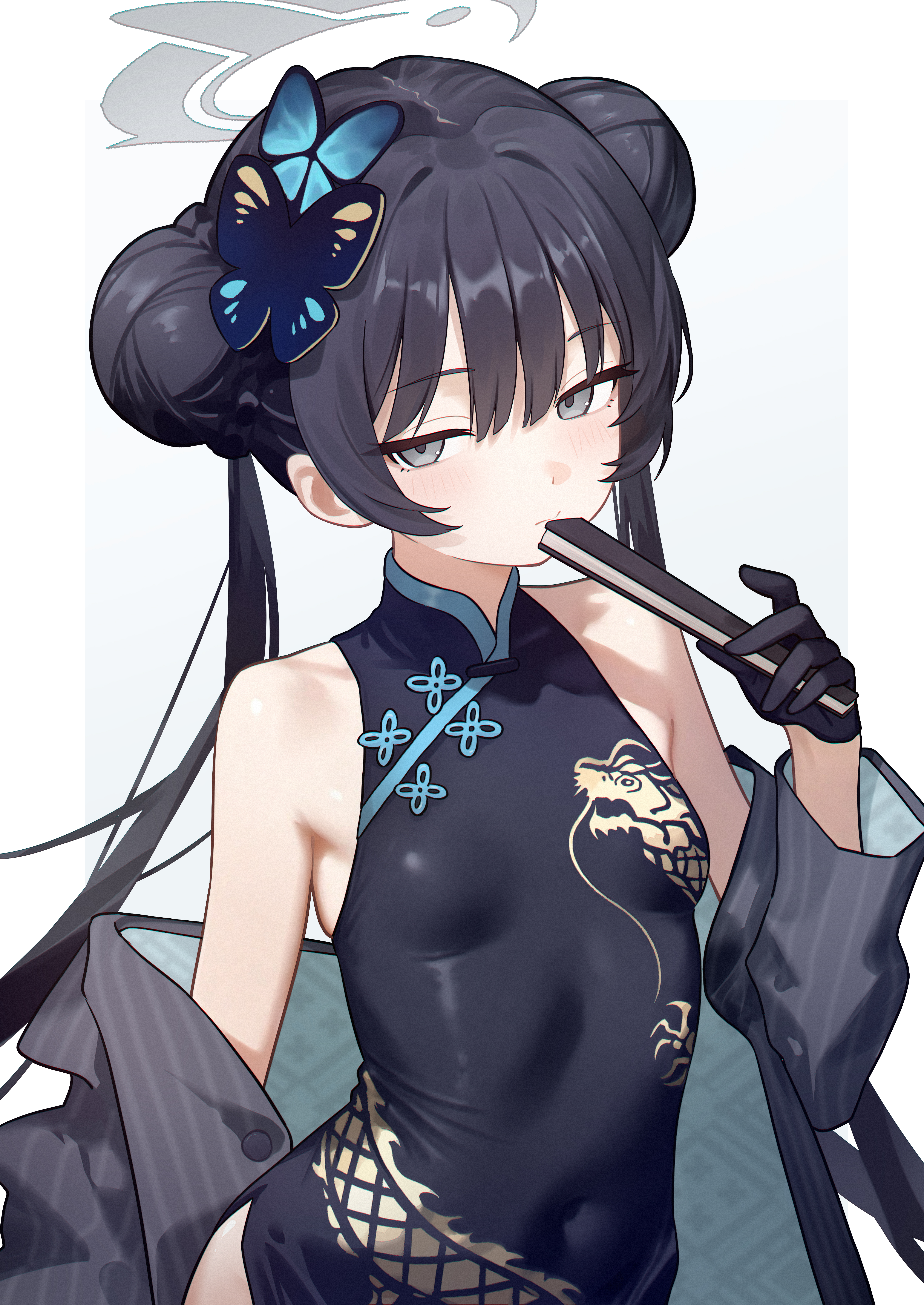 eco 376124, kisaki (blue archive), blue archive, absurdres, commentary request, commission, highres, partial commentary, pixiv commission, revision, 1girl, armpit crease, black coat, black gloves, blush, butterfly hair ornament, china dress, chinese clothes, coat, covered navel, double bun, dragon print, dress, gloves, grey eyes, grey halo, hair bun, hair ornament, halo, hand fan, holding, holding fan, long hair, long sleeves, looking at viewer, off shoulder, open clothes, open coat, pelvic curtain, print dress, simple background, sleeveless, sleeveless dress, solo, striped coat, upper body, vertical-striped coat, white background