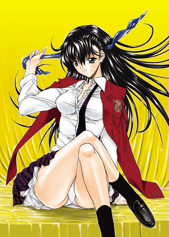 kino hitoshi, black hair, crossed legs, hair ribbon, jacket, jacket on shoulders, kneehighs, panties, ribbon, school uniform, sitting, socks, solo, underwear