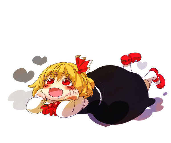 yukizen, rumia, embodiment of scarlet devil, touhou, bad id, bad pixiv id, 1girl, blonde hair, fangs, female focus, full body, hair ribbon, happy, heart, lying, red eyes, ribbon, saliva, simple background, solo, white background