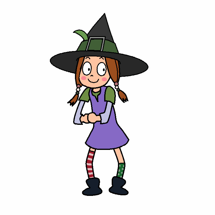 yamanokonza, olivia (magic adventures), magic adventures, animated, animated gif, 1girl, asymmetrical legwear, black boots, black eyes, black hat, blush, blush stickers, boots, brown hair, dancing, dress, green shirt, green socks, hair ornament, hat, hat feather, kneehighs, layered sleeves, long hair, long sleeves, looking at viewer, low twintails, mismatched legwear, open mouth, polka dot, polka dot socks, purple dress, red socks, shirt, sleeveless, sleeveless dress, smile, socks, standing, striped clothes, striped socks, twintails, white background, witch, witch hat