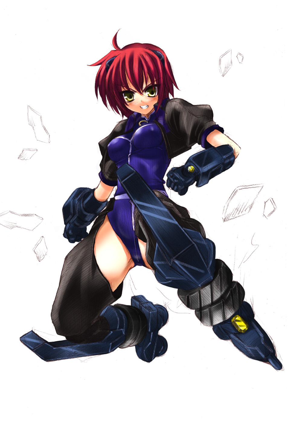 iga tamaki, jet edge, nove (nanoha), numbers (nanoha), lyrical nanoha, mahou shoujo lyrical nanoha, mahou shoujo lyrical nanoha strikers, highres, 00s, 1girl, breasts, female focus, gloves, inline skates, medium breasts, red hair, roller skates, short hair, skates, solo, yellow eyes