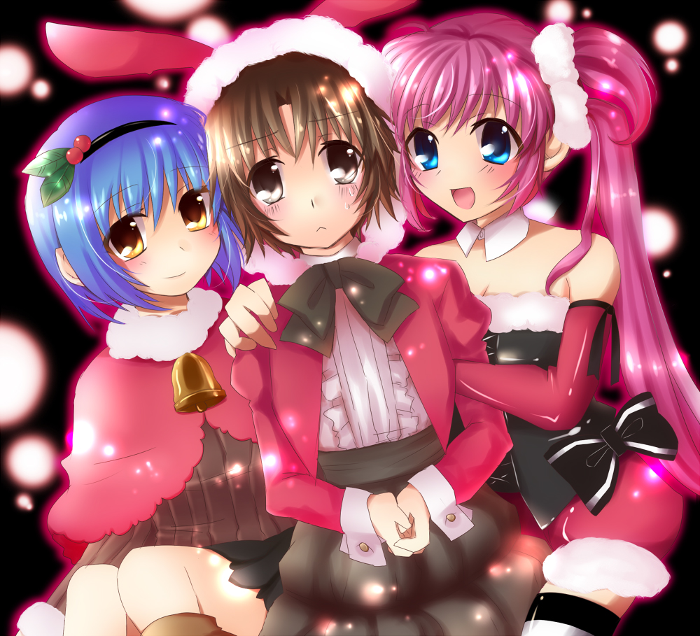 kanae tsukasa, naoe riki, nishizono mio, saigusa haruka, little busters!, 1boy, 2girls, bare shoulders, blue eyes, blue hair, blunt bangs, blush, brown hair, christmas, collarbone, dutch angle, fur trim, hat, long hair, looking at viewer, multiple girls, pink hair, santa costume, santa hat, sitting, tareme, very long hair