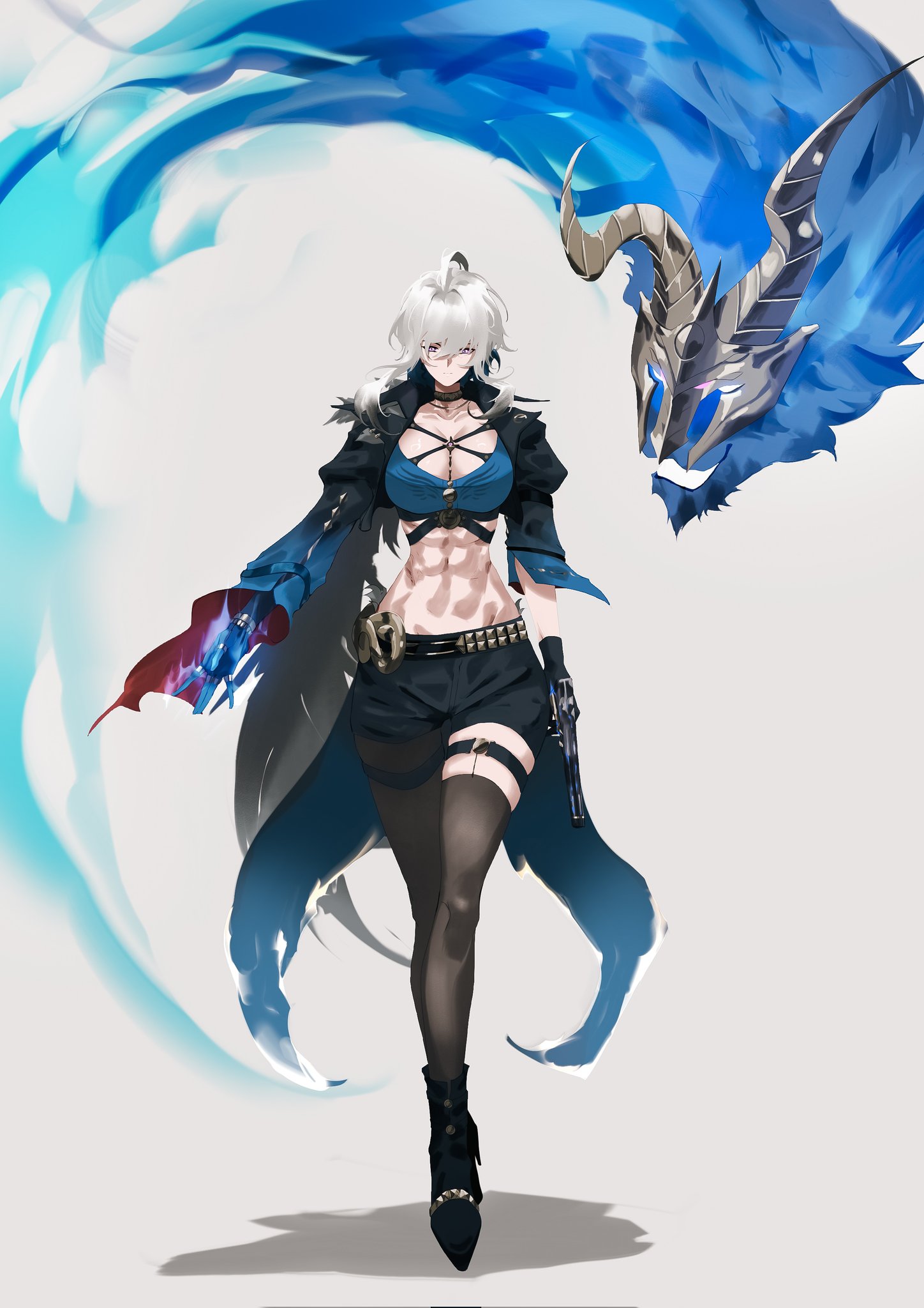galbrena (wuthering waves), wuthering waves, commentary, english commentary, highres, 1girl, abs, black choker, black gloves, black jacket, black pantyhose, black shorts, black thighhighs, blue bra, bra, breasts, chimera (wuthering waves), choker, full body, gloves, grey hair, gun, hair between eyes, holding, holding gun, holding weapon, jacket, large breasts, medium hair, mrsplitty, muscular, muscular female, pantyhose, purple eyes, shorts, single glove, single leg pantyhose, single thighhigh, solo, stomach, tacet discord (wuthering waves), thigh strap, thighhighs, underwear, weapon