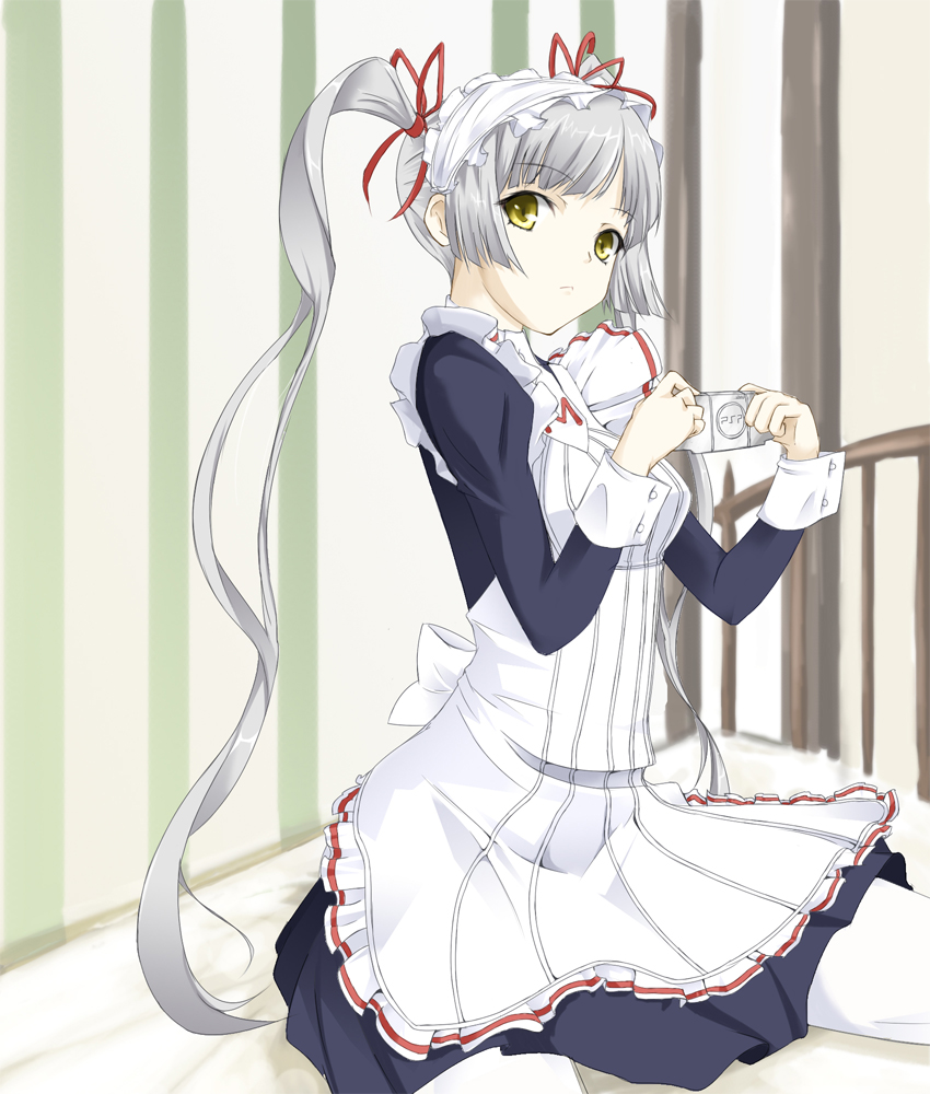 masaki eiji, shinouji matsurika, maria holic, silver hair, bad id, bad pixiv id, 00s, 1girl, apron, bed, controller, female focus, game controller, gamepad, hair ribbon, hairband, handheld game console, long hair, maid, maid apron, pantyhose, playing games, playstation portable, ribbon, solo, twintails, video game, yellow eyes