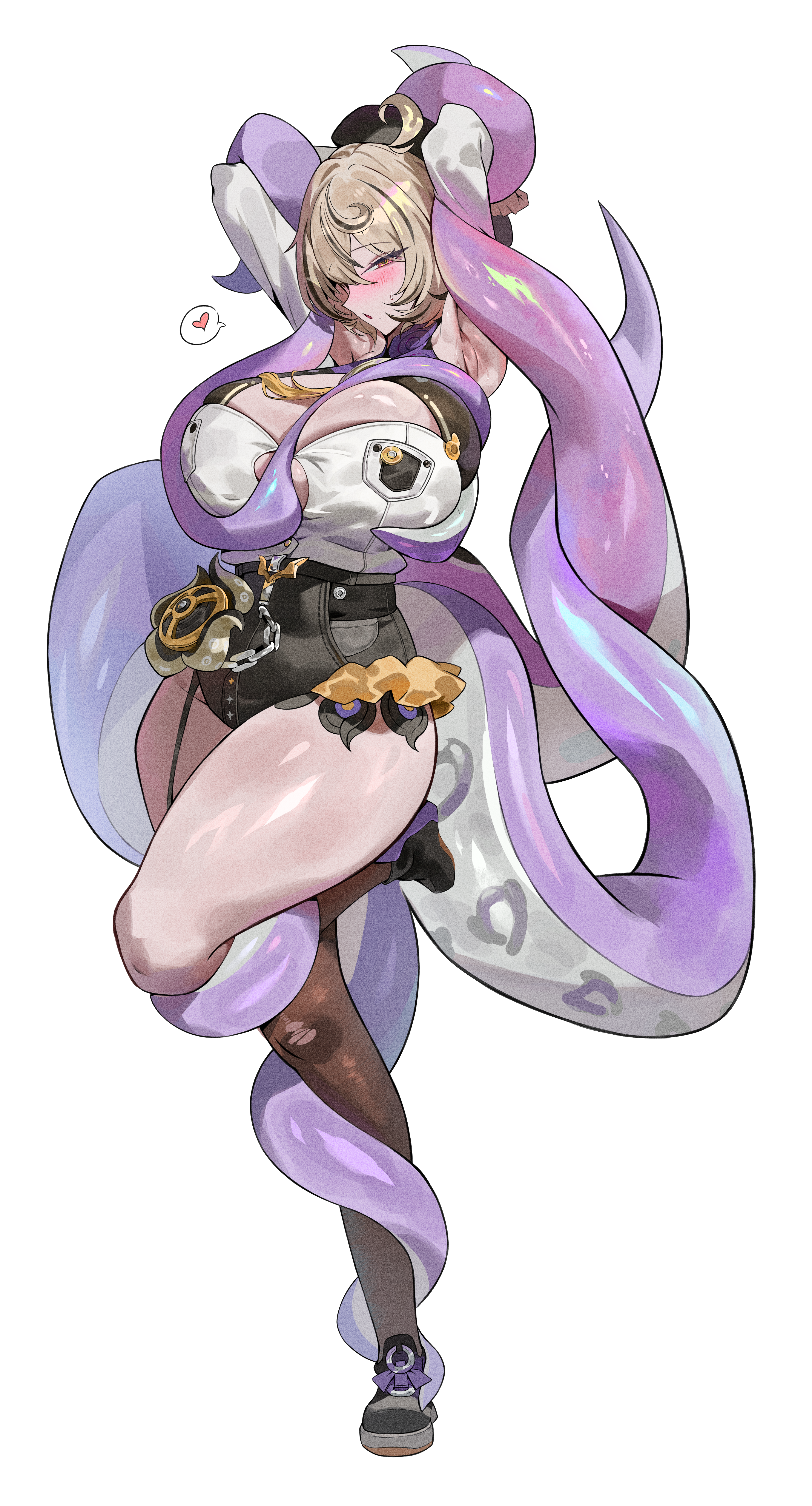 zutsuyaku, zenless zone zero, absurdres, highres, 1girl, armpits, arms up, bare shoulders, beret, black hat, black shorts, black thighhighs, blonde hair, blush, breasts, detached sleeves, full body, hat, high-waist shorts, large breasts, looking at viewer, purple eyes, shirt, short hair, shorts, single thighhigh, sleeveless, sleeveless shirt, tentacle tail, thighhighs, white shirt, yidhari murphy