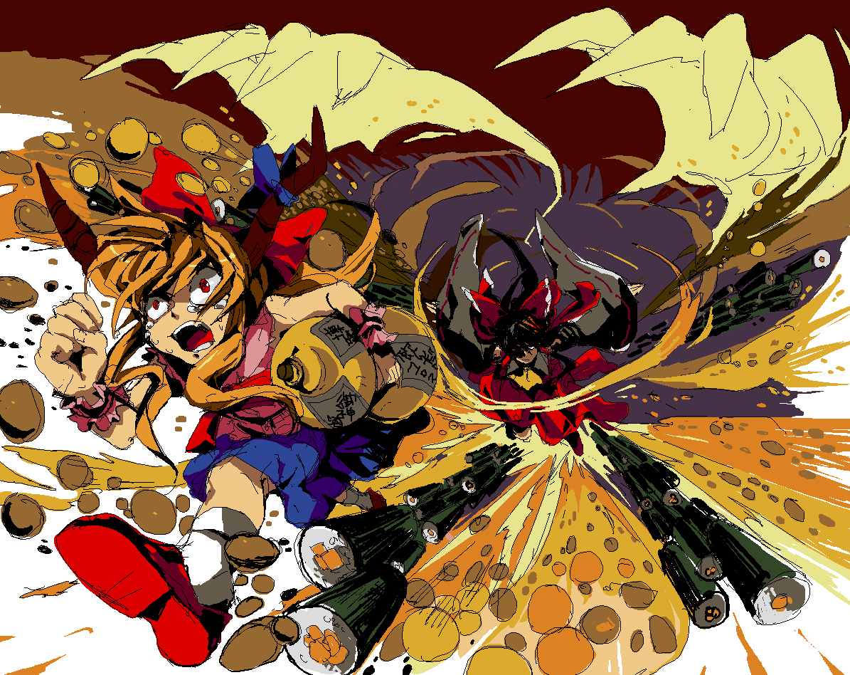 toriko (hatoriko), hakurei reimu, ibuki suika, touhou, 2girls, black hair, danmaku, female focus, food, hair ribbon, mamemaki, multiple girls, oekaki, oni, orange hair, red eyes, ribbon, running, setsubun, sushi, tears