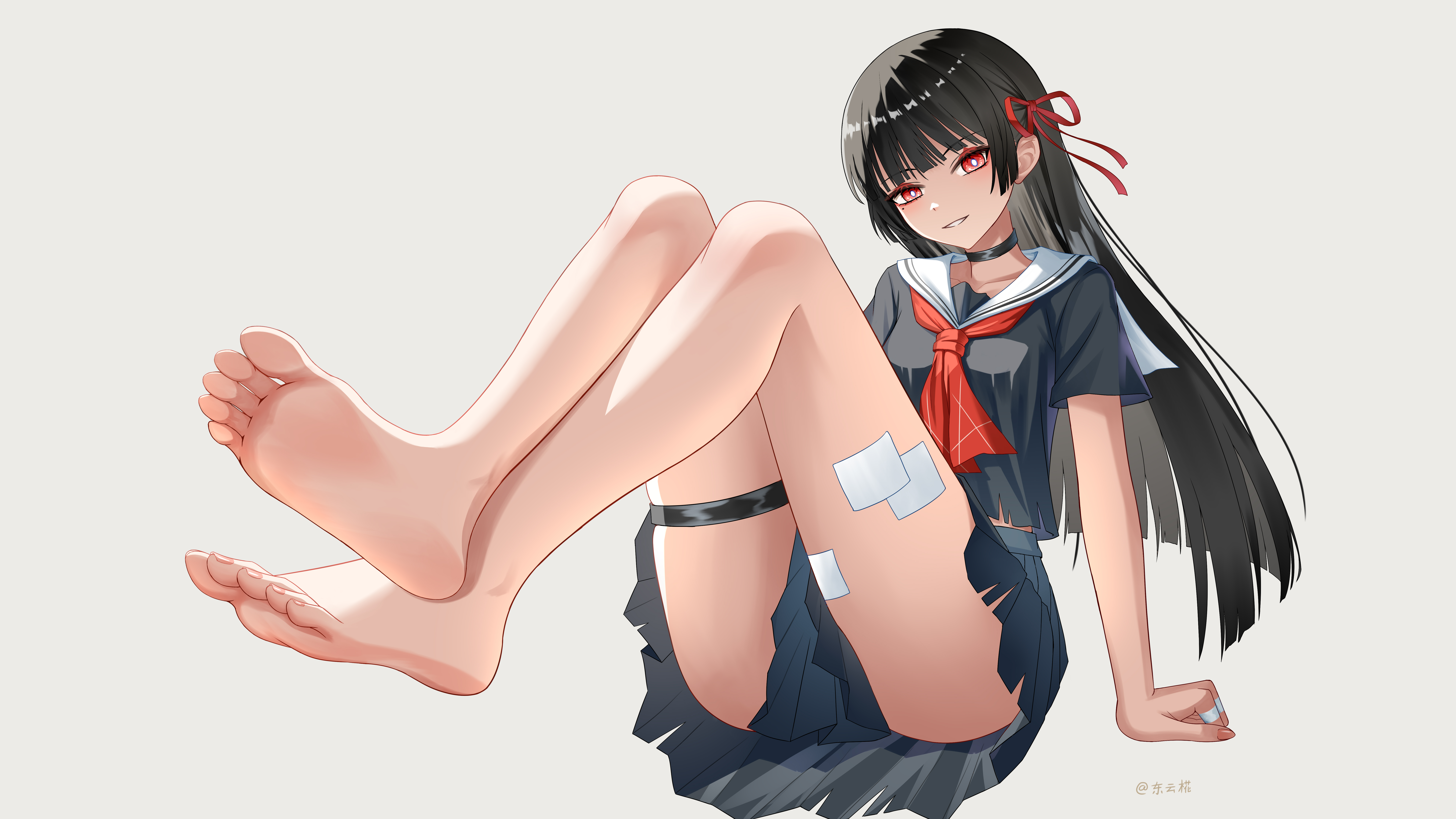 dongyun hua, chisa (wuthering waves), wuthering waves, absurdres, commentary request, highres, partial commentary, 1girl, adapted costume, barefoot, black hair, black serafuku, black shirt, black skirt, feet, full body, grey background, hair ribbon, long hair, looking at viewer, mole, mole under eye, neckerchief, parted lips, red eyes, red neckerchief, red ribbon, ribbon, sailor collar, school uniform, serafuku, shirt, short sleeves, simple background, skirt, smile, soles, solo, toes, white sailor collar
